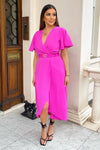 Hot Pink Short Sleeve Belted Wrap Midi Dress