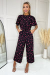 Black And Pink Floral Printed Short Sleeve Tie Waist Jumpsuit