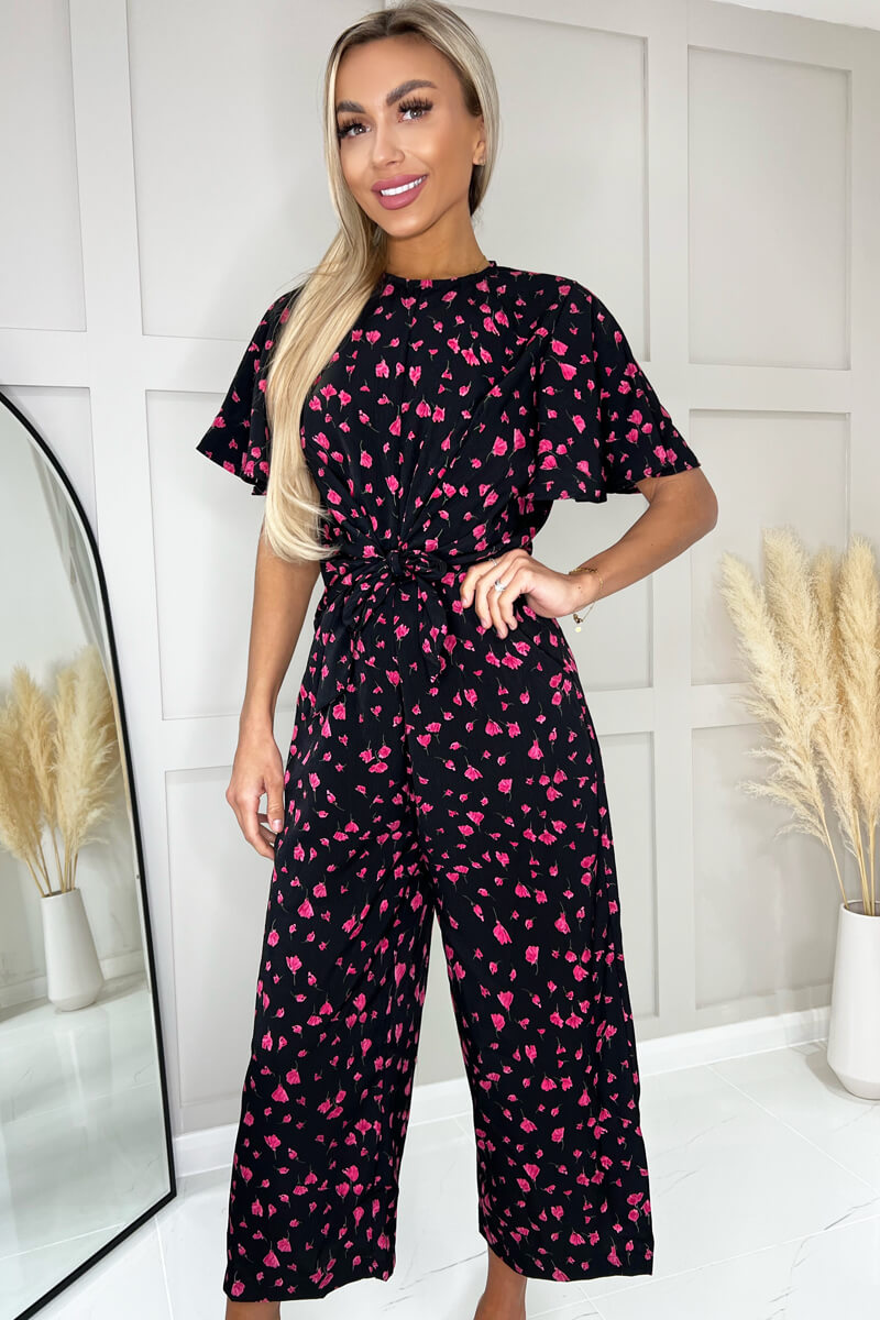 Black And Pink Floral Printed Short Sleeve Tie Waist Jumpsuit AX Paris