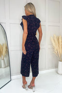 Navy And Pink Speckled Print V Neck Belted Jumpsuit