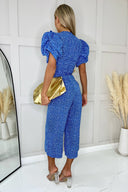 Blue Printed Puff Sleeve Wrap Top Belted Jumpsuit