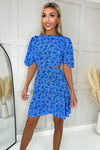 Blue Floral Printed Cut Out Round Neck Mini Dress