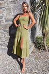 Khaki Strappy Smock Midi Dress