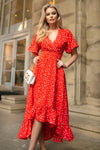 Red And White Polka Dot Printed High Low Midi Dress