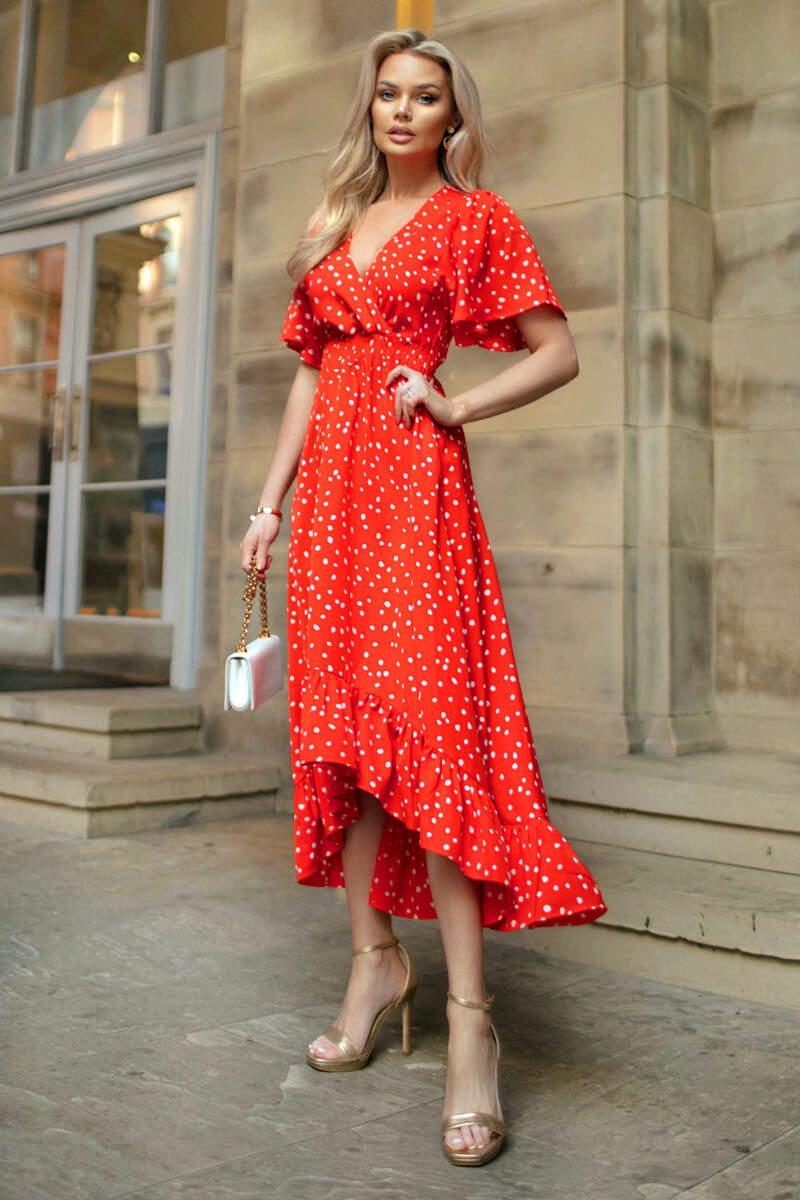 Red And White Polka Dot Printed High Low Midi Dress