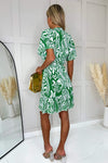 Green And White Printed V Neck Short Sleeve Ruffle Hem Mini Dress