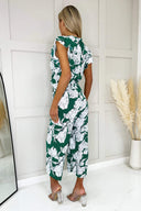 Green And White Floral Frill Sleeve Tie Waist Playsuit