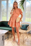 Terracotta Short Sleeve Tie Back V Neck Mini Dress