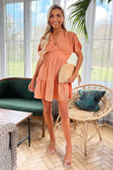 Terracotta Short Sleeve Tie Back V Neck Mini Dress