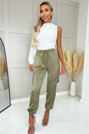 Khaki Satin Cuffed Cargo Pants