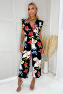 Black Floral Printed Wrap Front Belted Jumpsuit