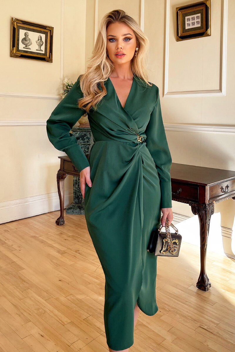 Teal Wrap Gold Buckle Midi Dress