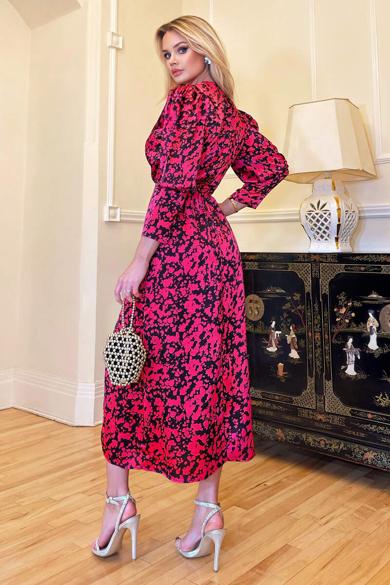 Cerise Printed Wrap Top Split Skirt Midi Dress