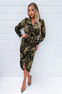 Black and Khaki Print Wrap Collared Midi Dress