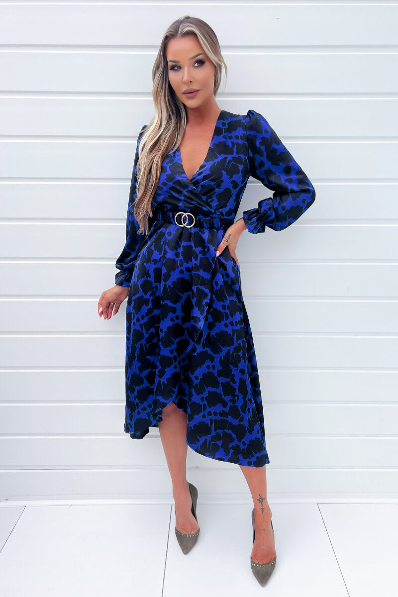 Cobalt And Black Print Long Sleeve Belted Wrap Midi Dress