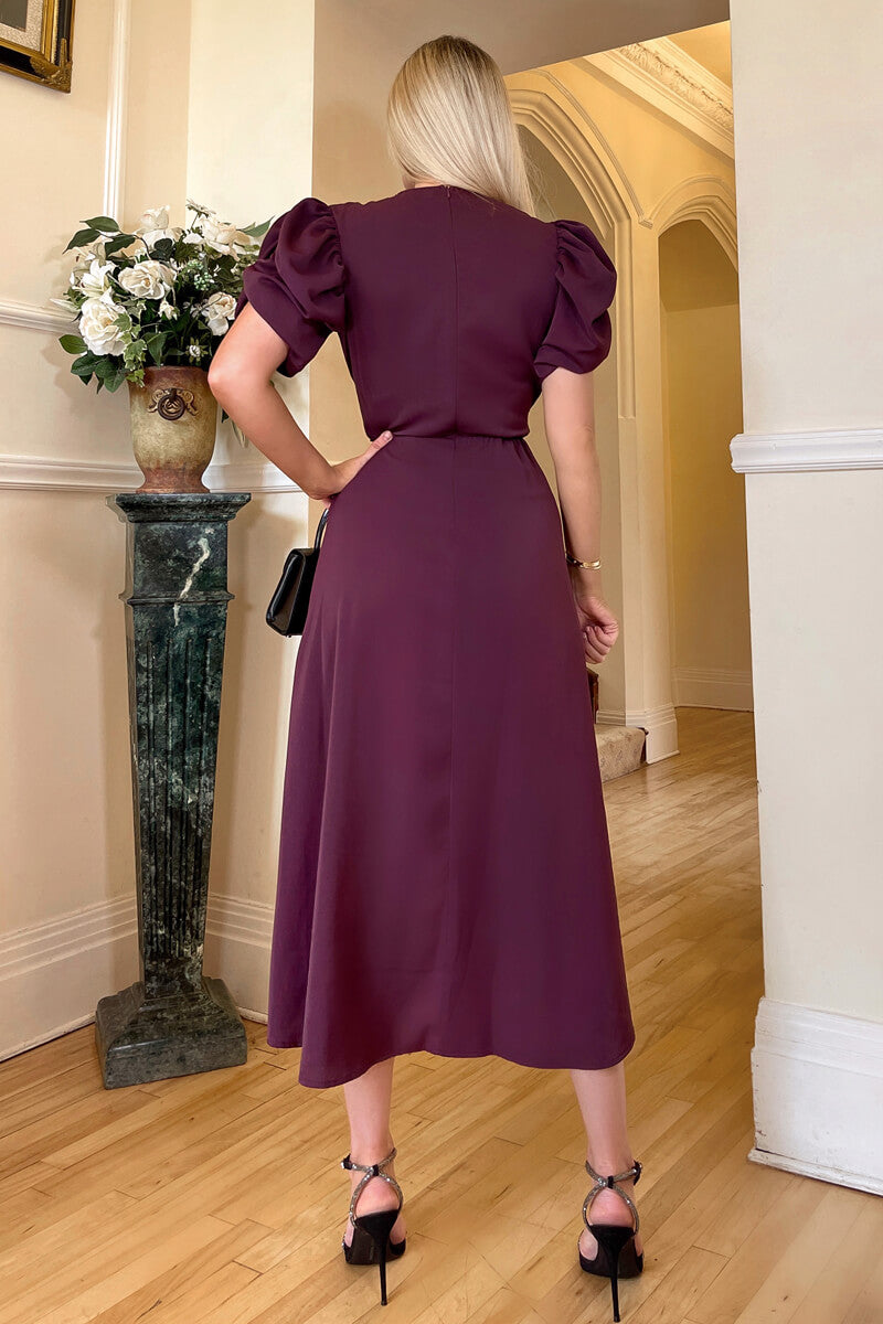 Plum Short Puff Sleeve Gathered Side Midi Dress