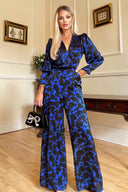 Cobalt and Black Print Wrap Top Jumpsuit