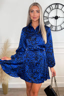 Cobalt Animal Print Long Sleeve Tie Waist Collared Skater Dress