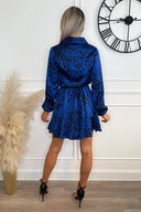 Cobalt Animal Print Long Sleeve Tie Waist Collared Skater Dress