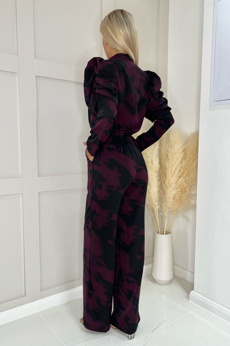 Wine Printed High Neck Puff Sleeve Jumpsuit