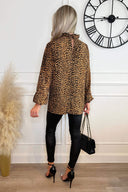 Camel Animal Print Long Sleeve Ruffle Neck Top