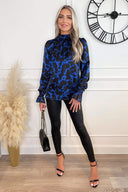 Cobalt And Black Printed Shirred High Neck Long Sleeve Top