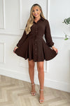 Chocolate Long Sleeve Button Front Skater Shirt Dress