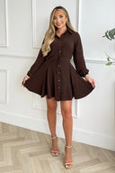 Chocolate Long Sleeve Button Front Skater Shirt Dress