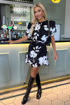 Black And White Print Short Puff Sleeve Gathered Side Mini Dress