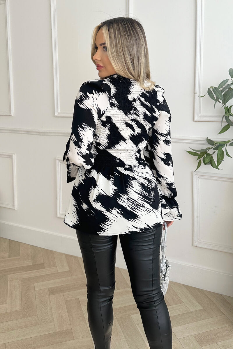 Black And White Shirred Body Long Sleeve Top