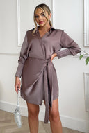 Taupe Satin Wrap Long Sleeve Mini Dress