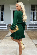 Teal Satin Long Sleeve Pleated Shoulder Mini Dress