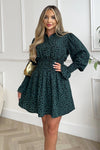 Teal Printed Shirred Detail Long Sleeve Shirt Skater Dress