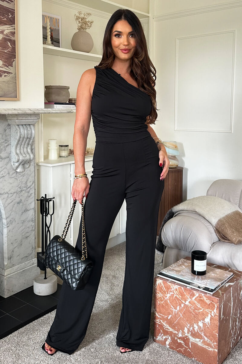 Black One Shoulder Ruched Top Slinky Jumpsuit