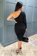 Black One Sleeve Ruched Bodycon Midi Dress