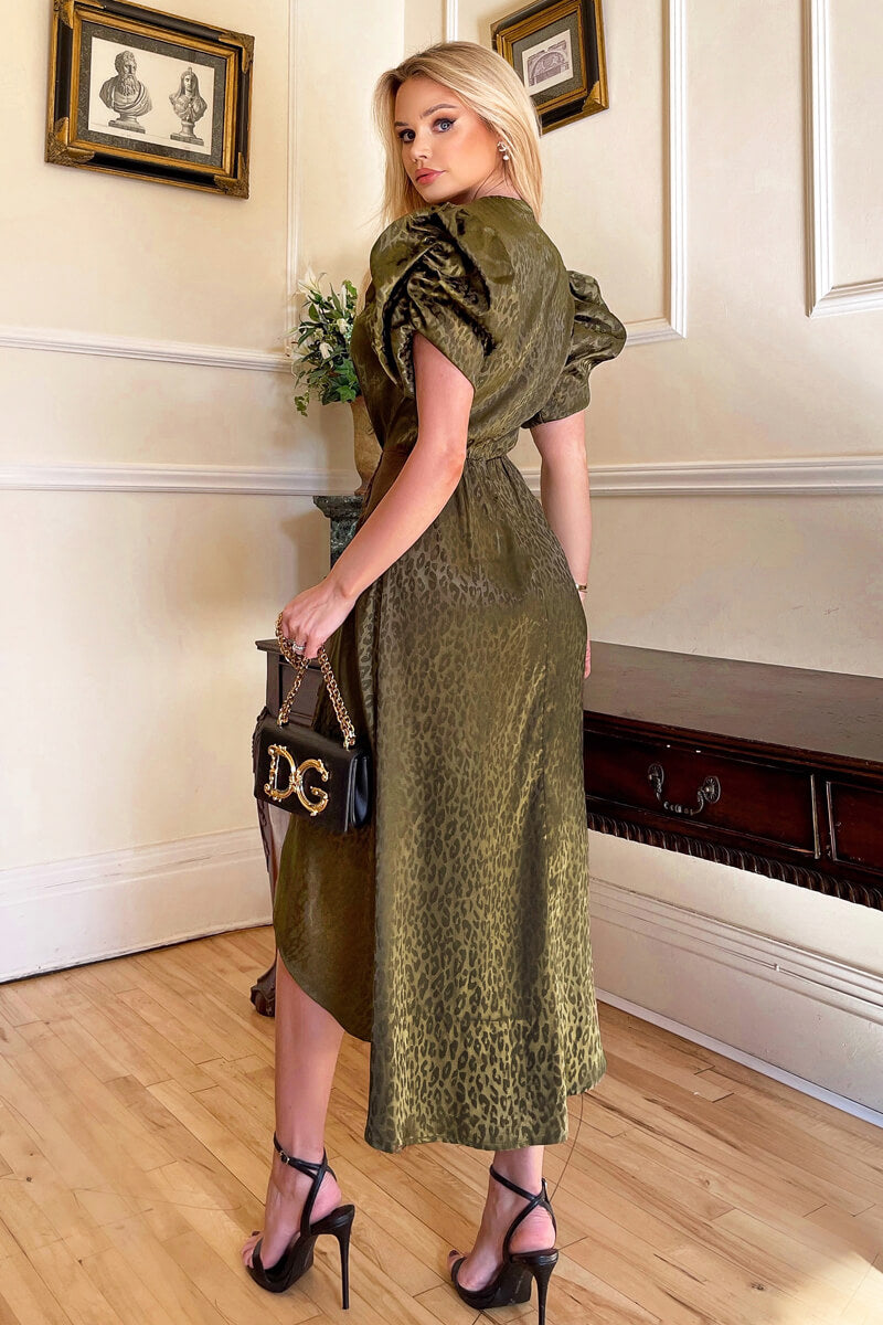 Olive Animal Print Puff Sleeve Satin Midi Dress