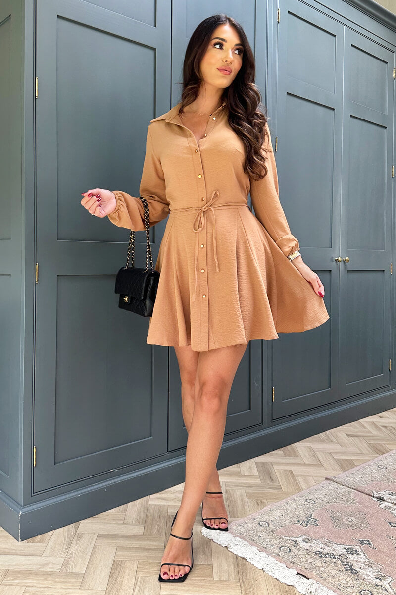 Camel Long Sleeve Button Front Skater Shirt Dress