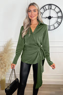 Olive Satin Tie Waist Wrap Shirt