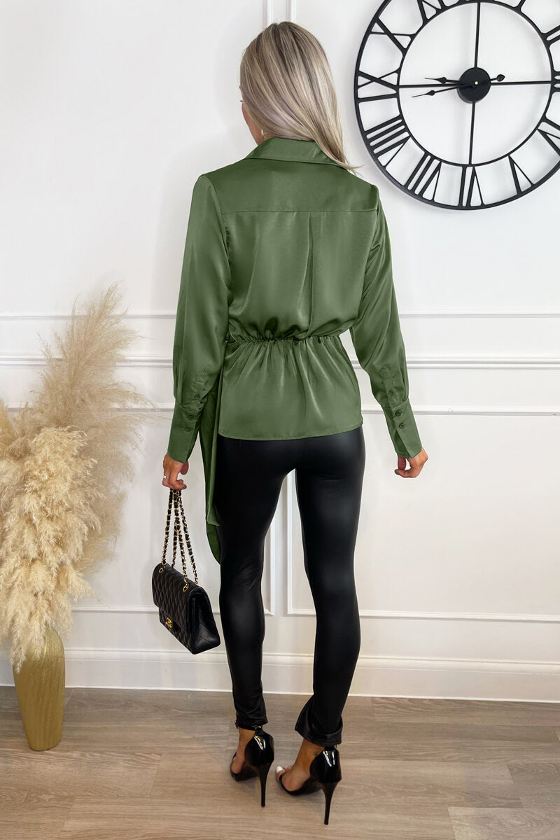 Olive Satin Tie Waist Wrap Shirt