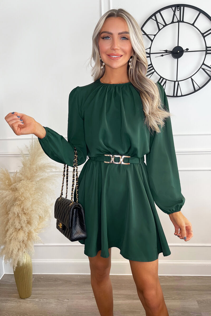 Teal Long Sleeve Belted Skater Dress