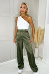 Olive Satin Straight Leg Cargo Pants