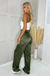 Olive Satin Straight Leg Cargo Pants