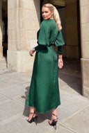 Teal Satin Wrap Top Long Sleeve Midi Dress