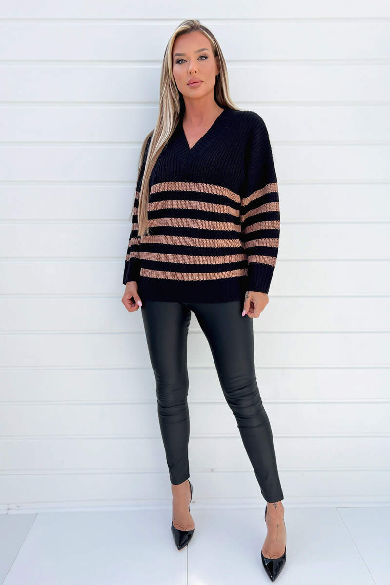 Black And Camel Stripe V-Neck Knit Jumper