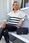 Cream And Black Zip Front Striped Knitted Jumper