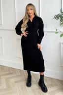 Black Knit Long Sleeve Collared Midi Dress