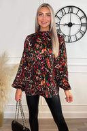 Multi Print High Ruffle Neck Top