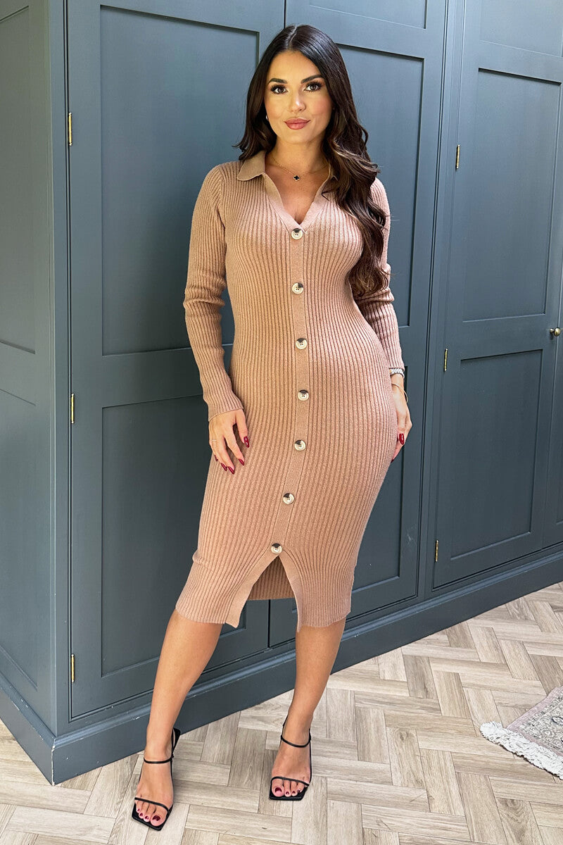 Camel Knitted Button Front Midi Dress