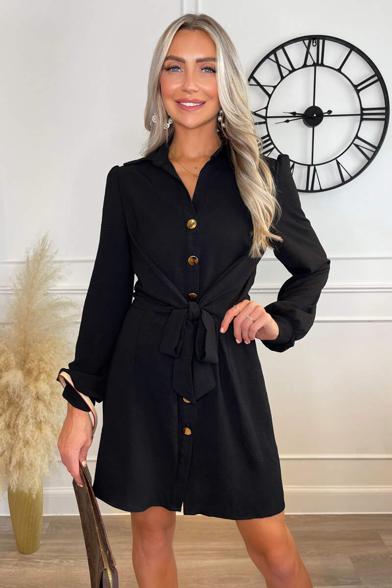 Black Button Tie Front Mini Shirt Dress