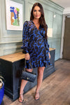 Cobalt And Black Print Wrap Mini Dress